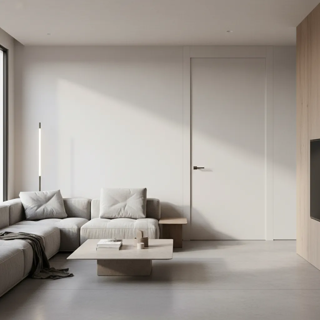 Puerta interior enrasada con la pared en un salón moderno