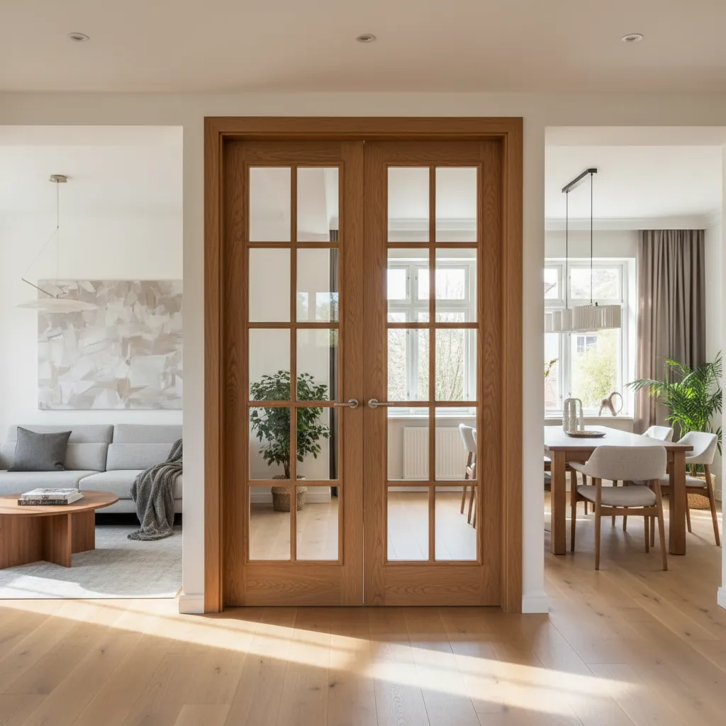 Puertas dobles de madera con cristal conectando salón y comedor