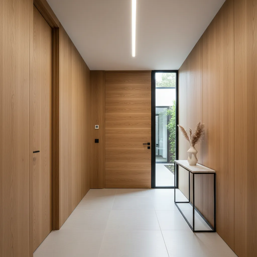 Puerta interior de madera natural en un pasillo moderno
