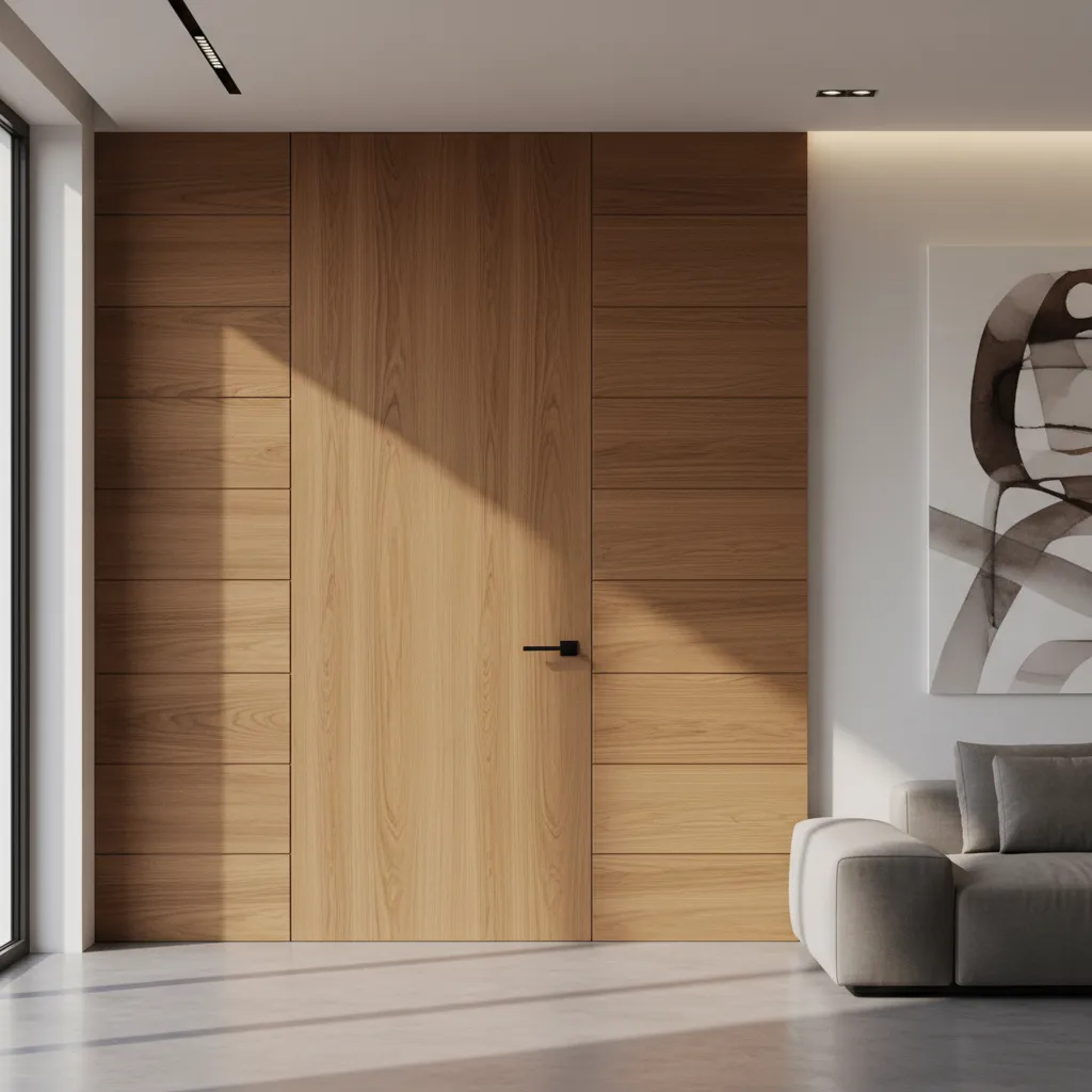 Puerta de madera moderna que llega hasta el techo