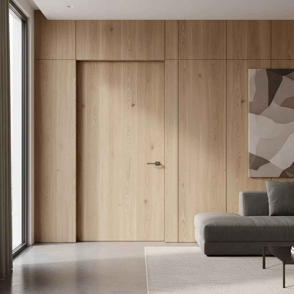 Minimalist light wood interior door integrated into a matching wall next to a grey sofa