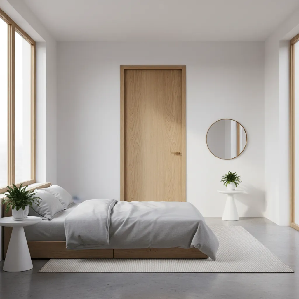 Puerta interior de madera lisa en un dormitorio moderno
