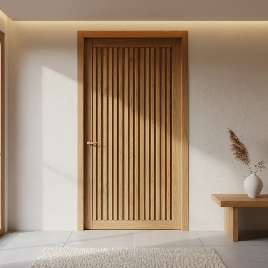 Puerta de madera con listones verticales decorativos