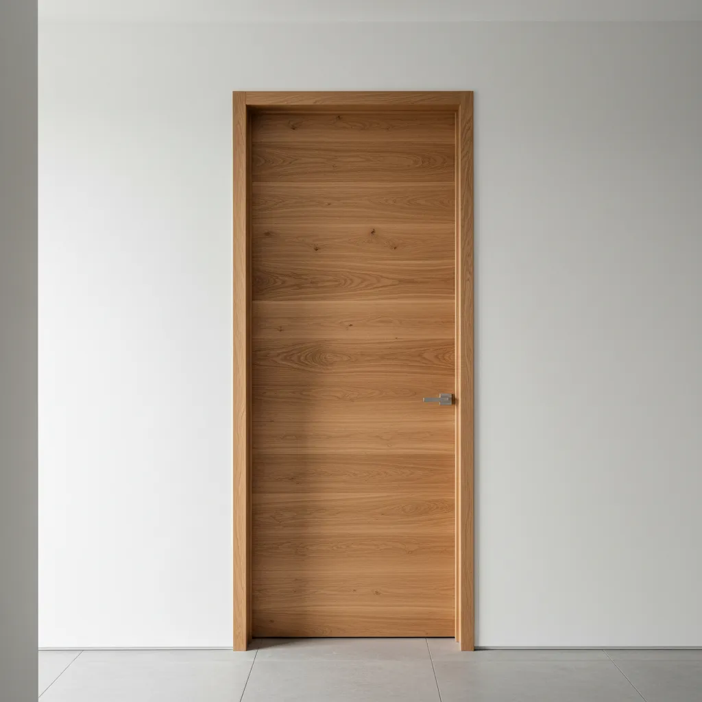 Puerta de madera con marco oculto en pared blanca