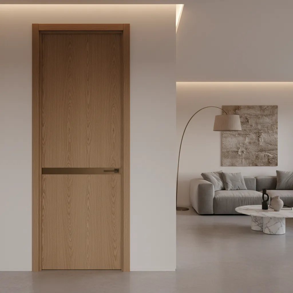 Light wood interior door featuring metal handle with living room sofa and floor lamp background