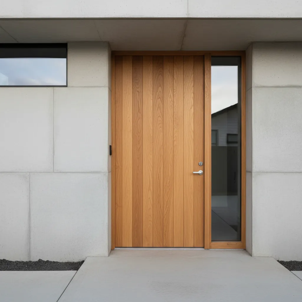 Puerta de madera moderna con paneles verticales en fachada contemporánea