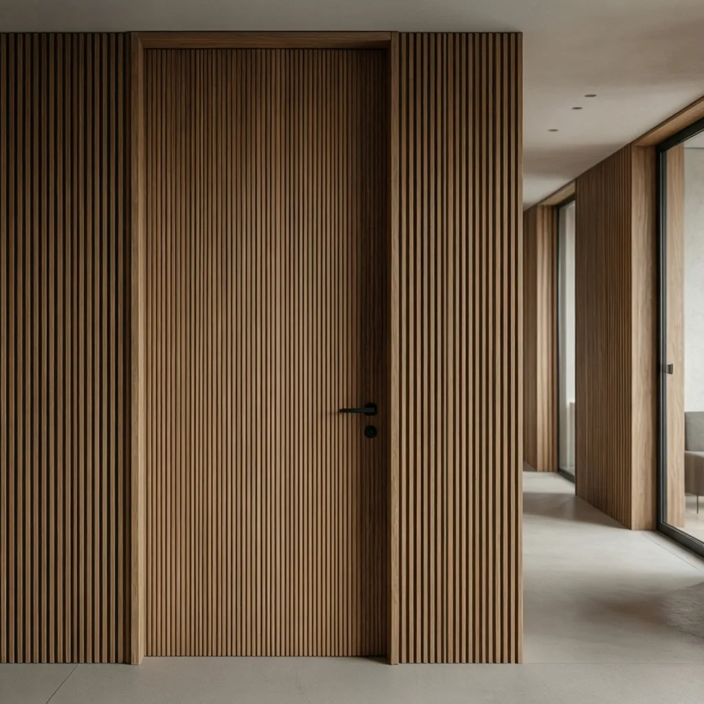 Puerta de madera con ranuras verticales en interior moderno