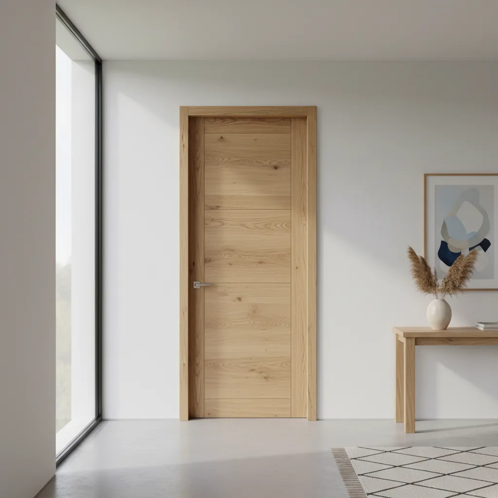Minimalist light oak wood door in white room with wooden table and vase of flowers