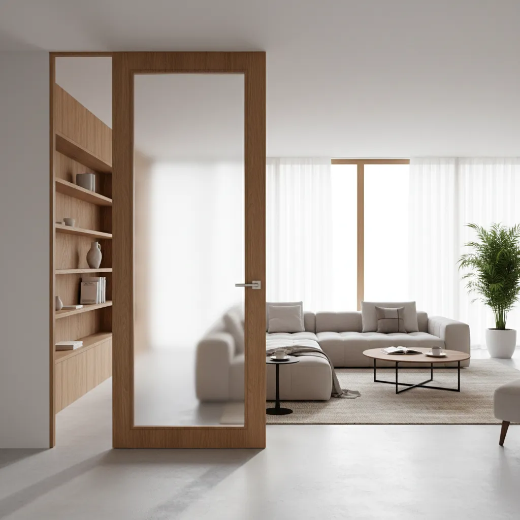Puerta interior de madera con panel de vidrio en un salón