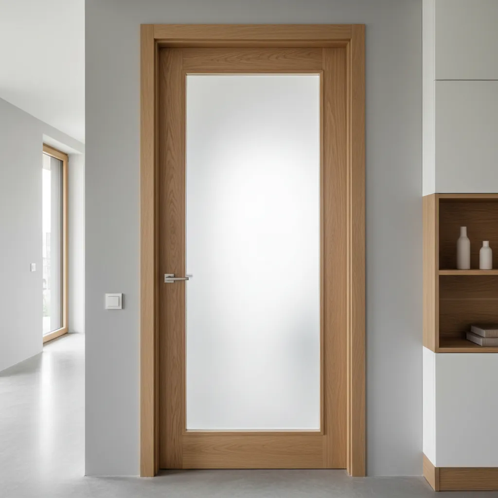 Puerta interior de madera con panel de vidrio esmerilado