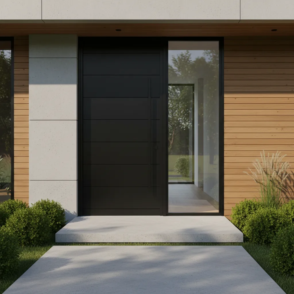 Puerta moderna de metal con panel de vidrio lateral