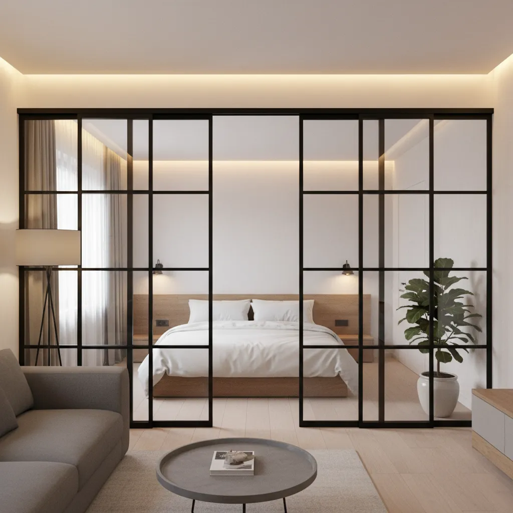 Puerta metálica corredera separando espacios interiores