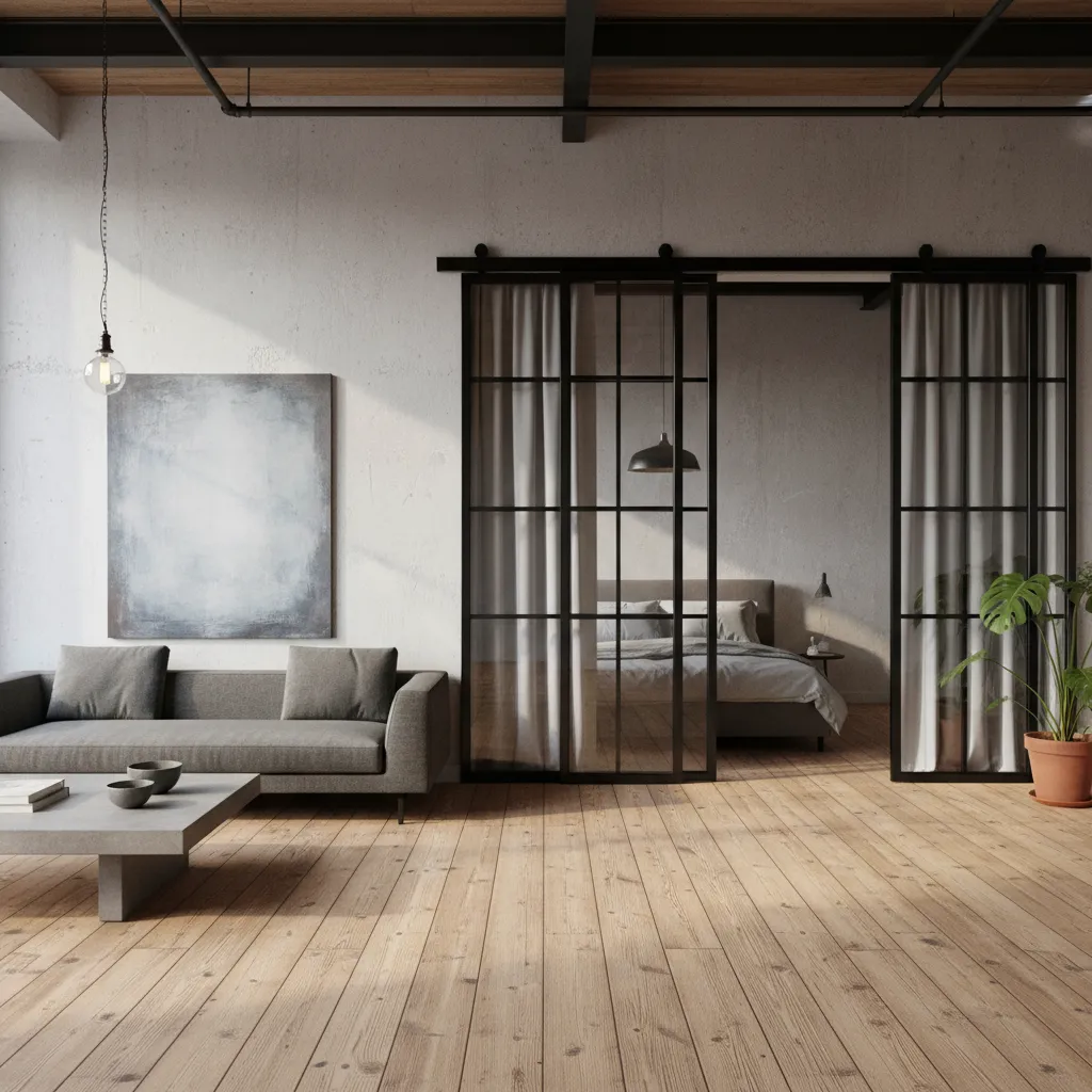 Puerta metálica estilo industrial con paneles de vidrio