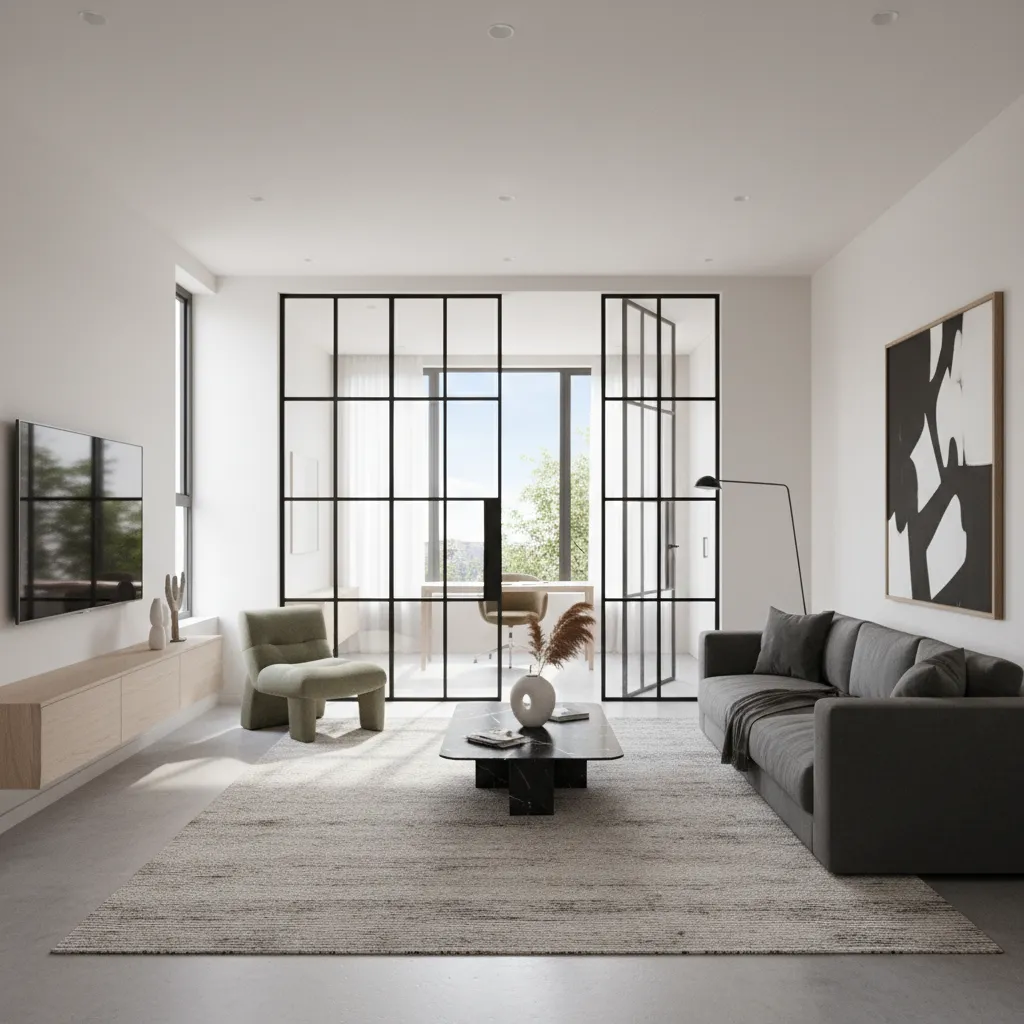 Puerta metálica moderna integrándose en apartamento contemporáneo