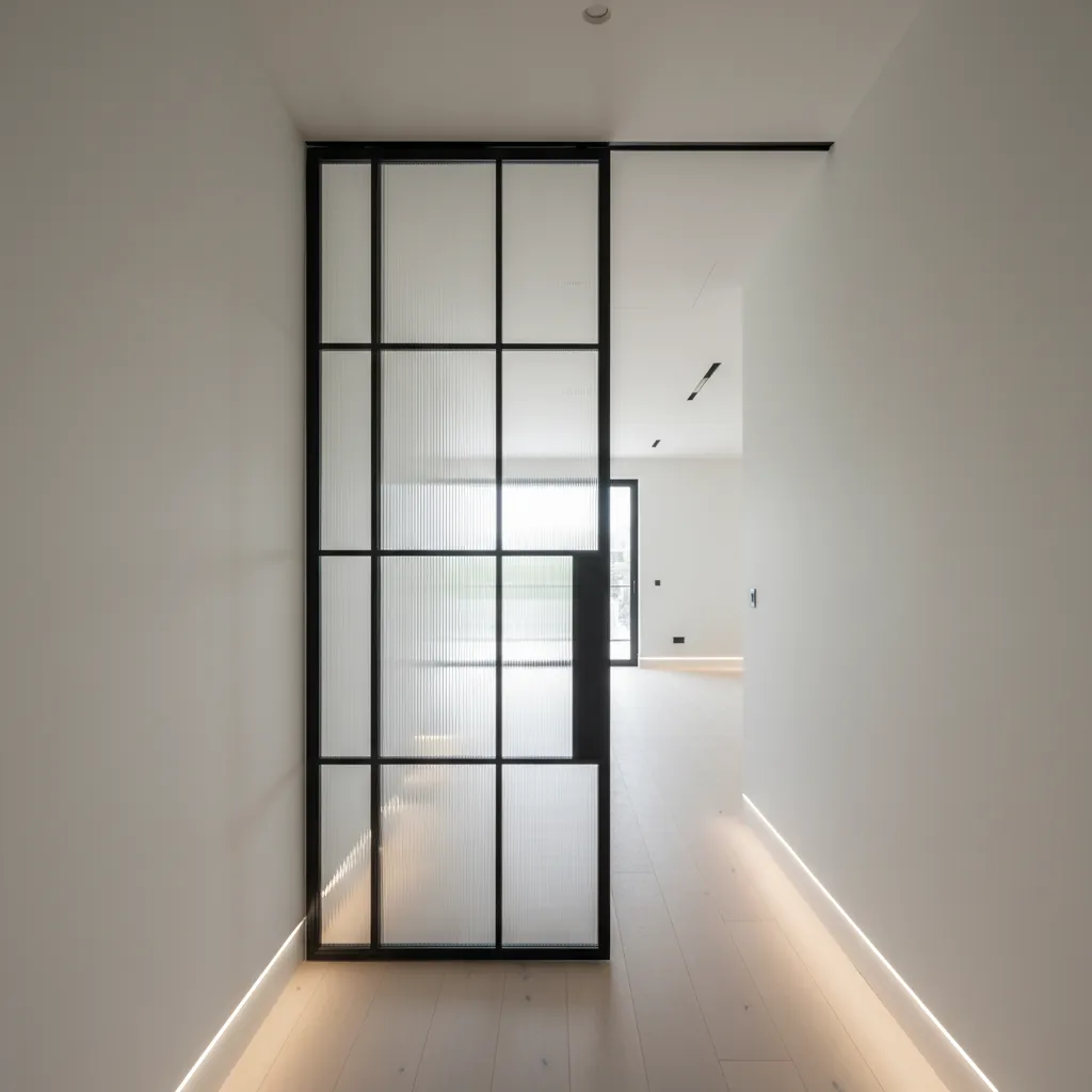 Puerta metálica con vidrio acanalado para privacidad