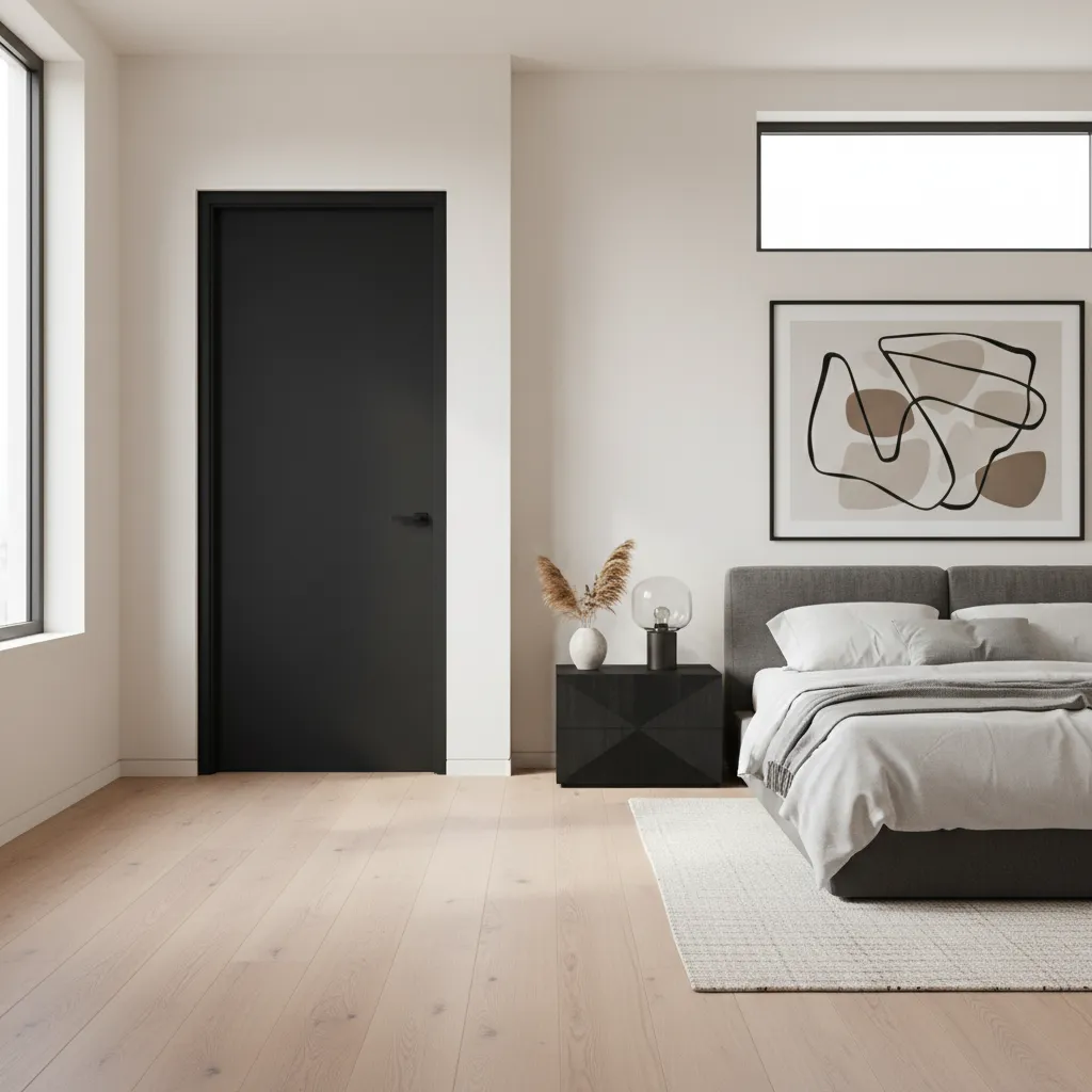 Puerta interior moderna en color oscuro en dormitorio contemporáneo
