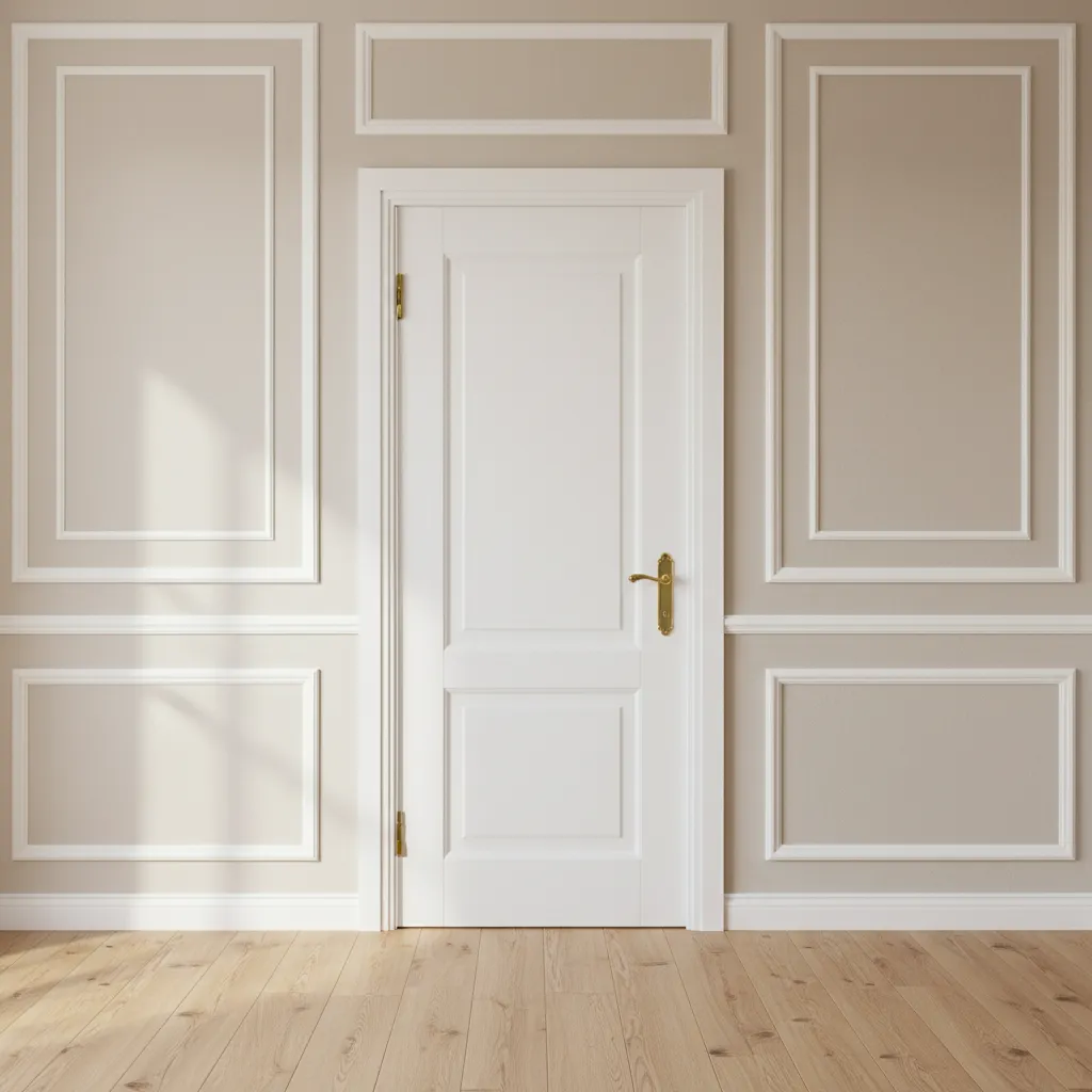 Puerta interior blanca con molduras decorativas estilo clásico