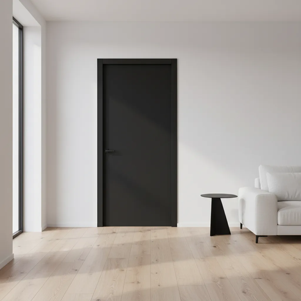 Puerta negra destacando sobre una pared blanca en interior moderno