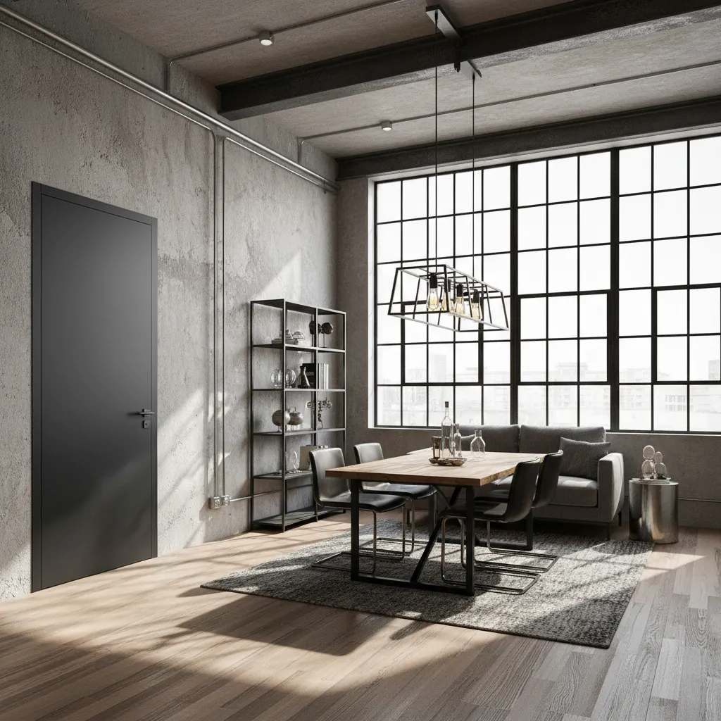 Puerta negra en interior de estilo industrial con metal y hormigón