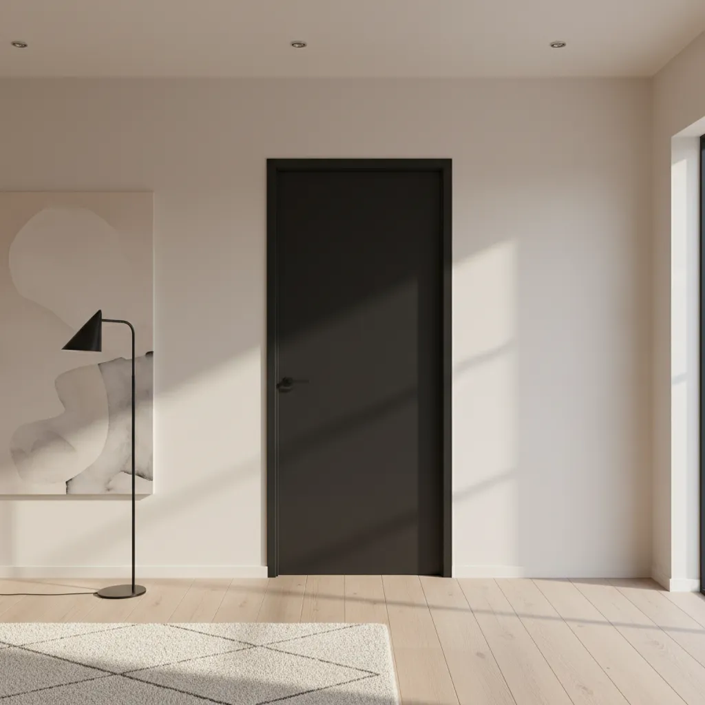 Puerta negra moderna con pared clara en interior contemporáneo