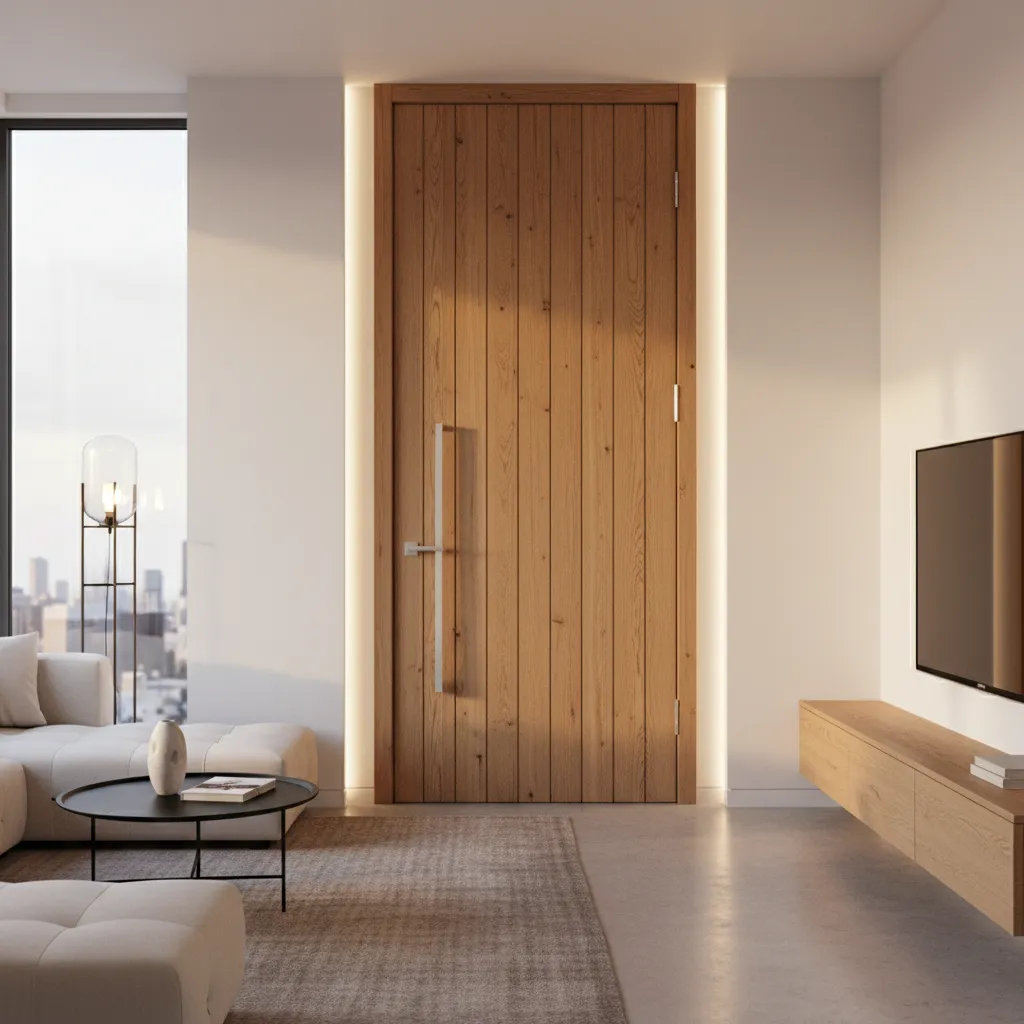 Puerta interior con paneles de listones verticales decorativos