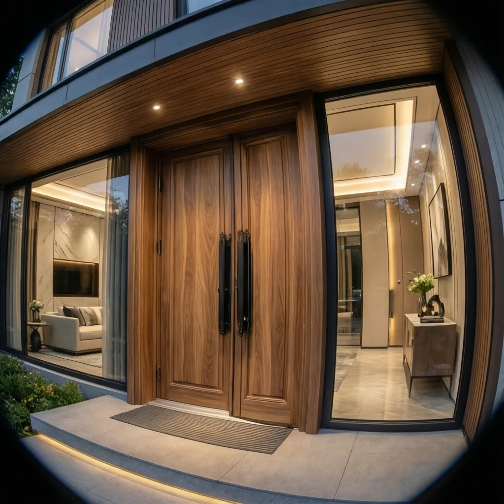 Puerta pivotante grande de madera en vivienda moderna