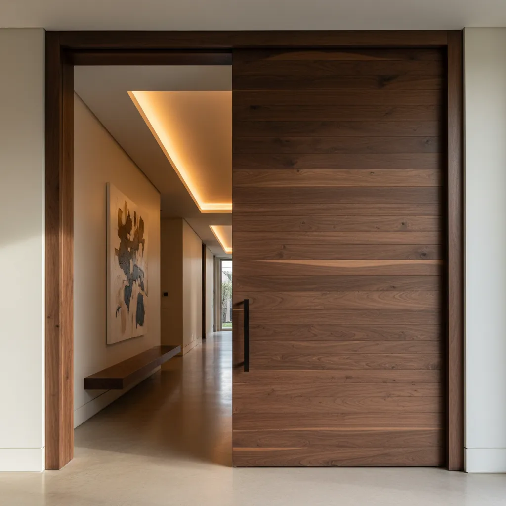 Large wood interior door opening into a hallway with warm lighting and a wall painting