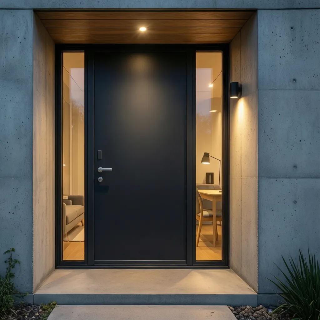 Entrada moderna de vivienda con puerta de PVC gris antracita