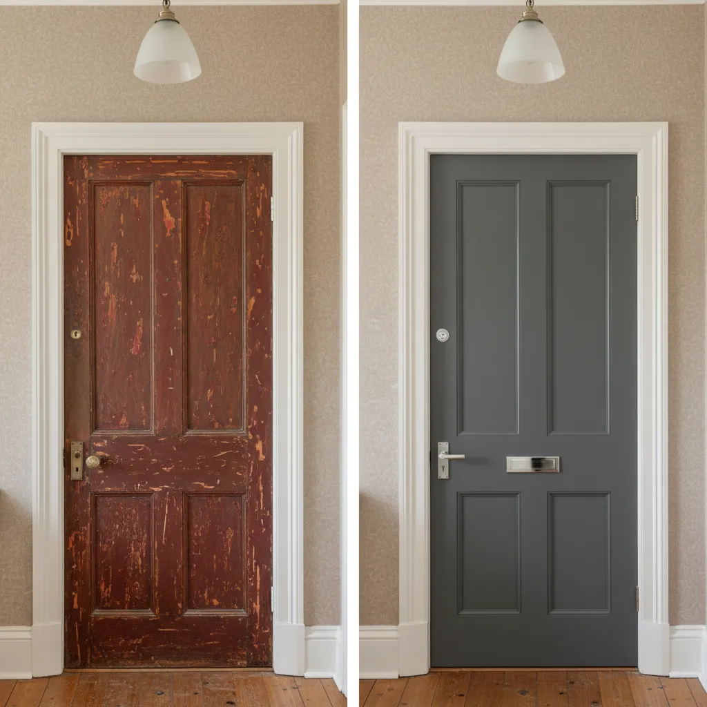 Comparación antes y después de restaurar una puerta interior