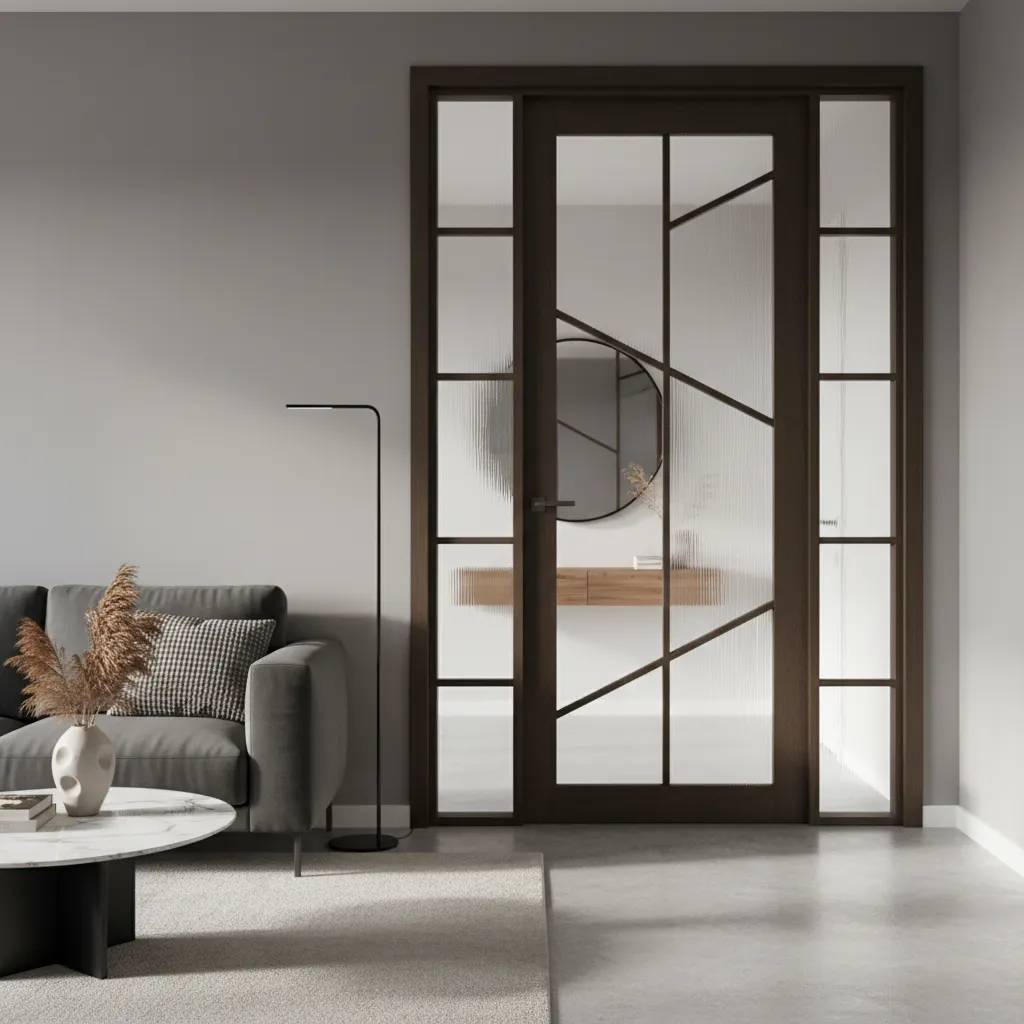 Puerta interior con cristal decorado geométrico entre salón y pasillo