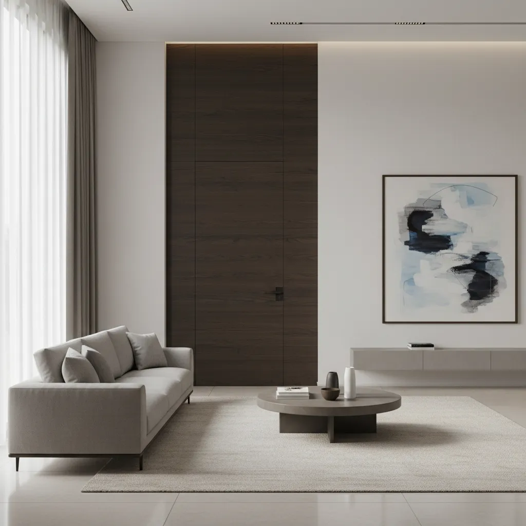Modern living room with tall dark wood door grey sofa coffee table and blue art