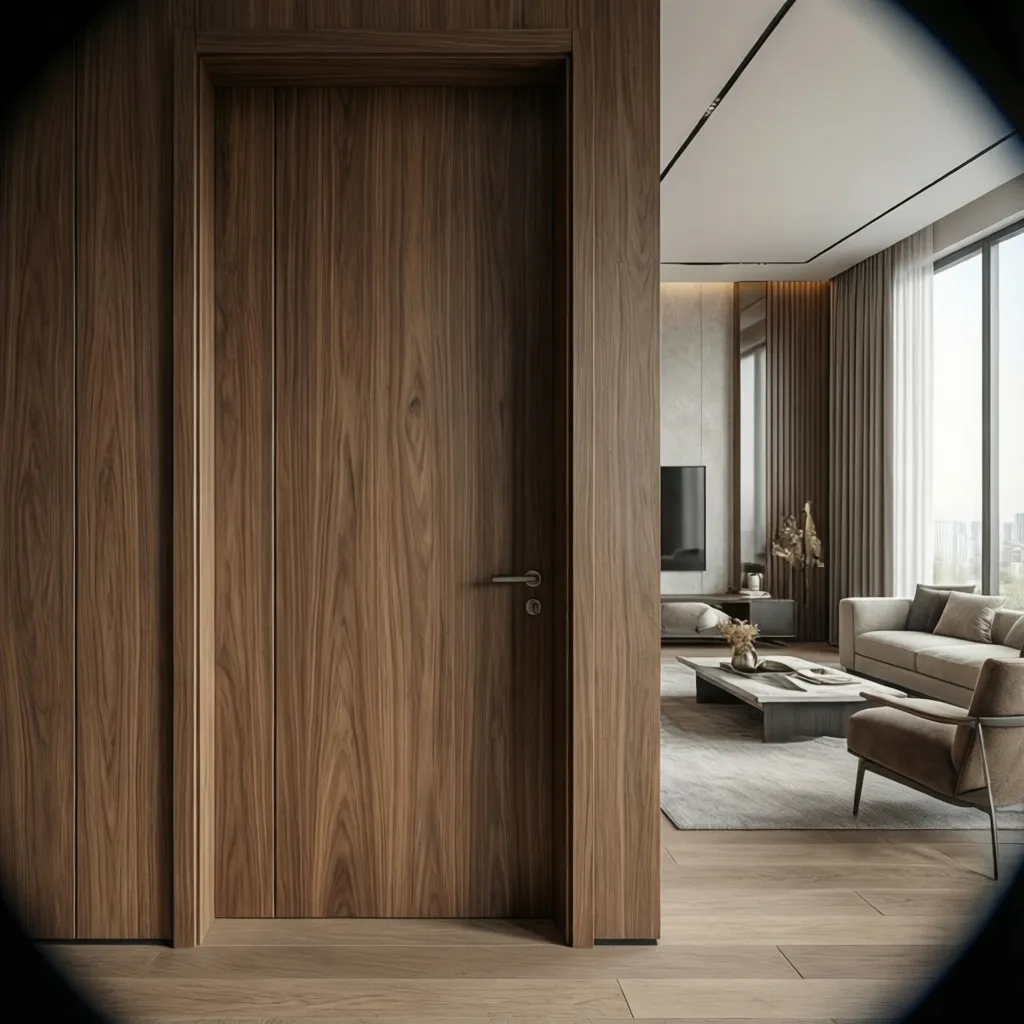 Modern dark wood interior door with matching wall panels leading to a bright living room