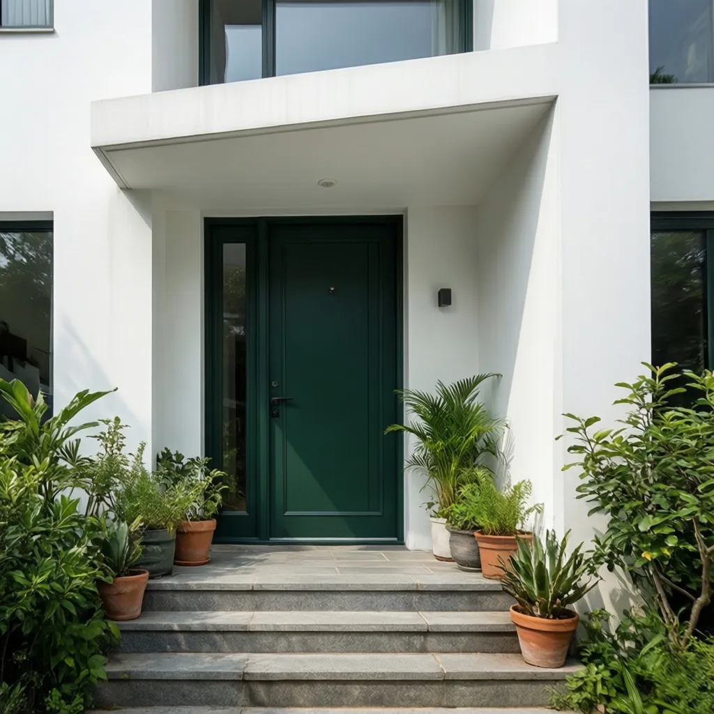 Entrada de casa blanca con puerta verde oscuro y macetas