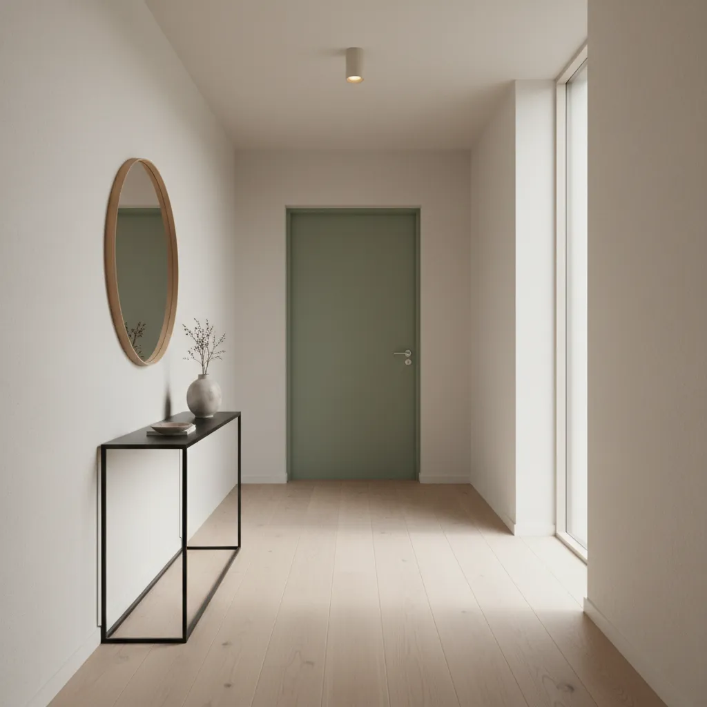 Puerta interior verde salvia en un espacio moderno