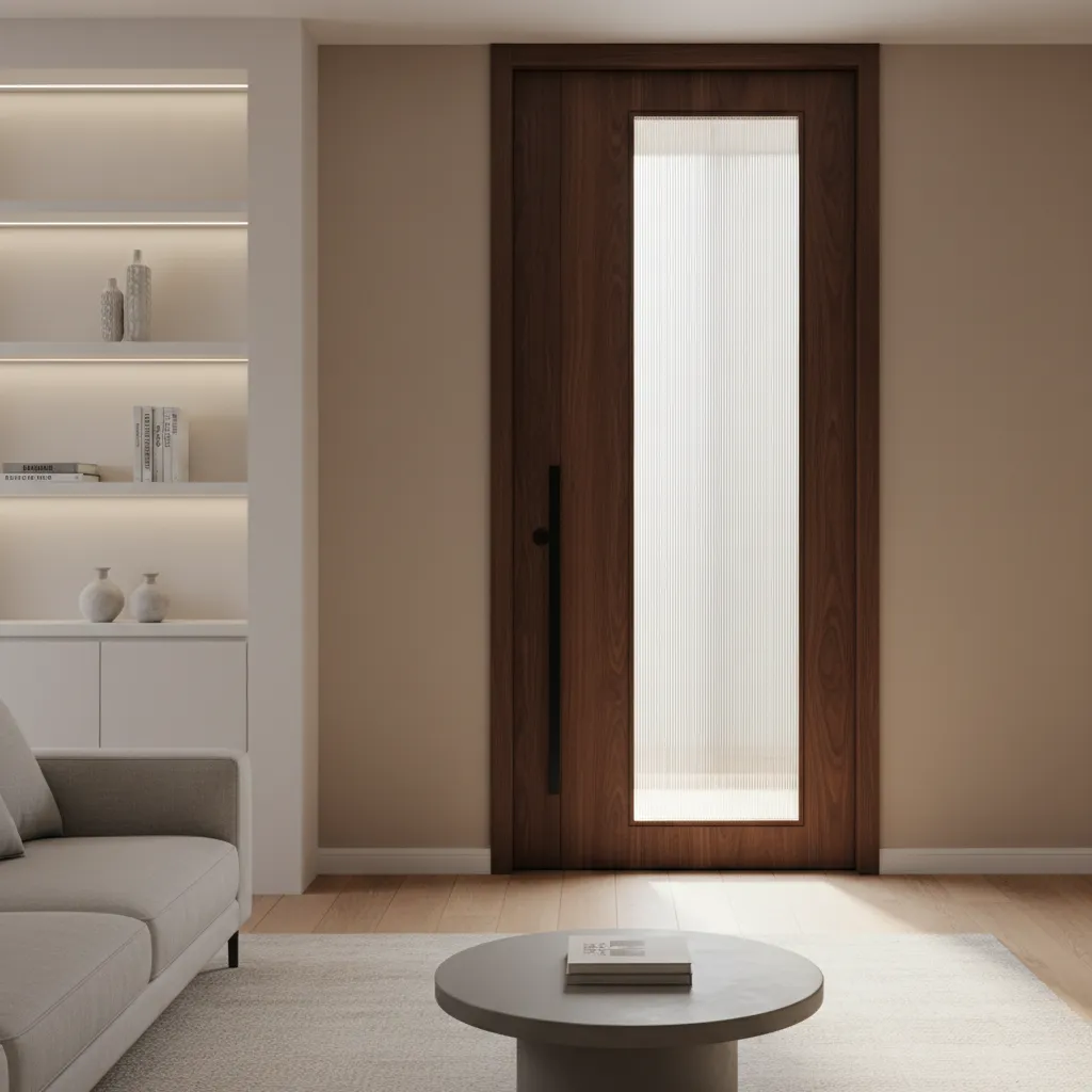 Puerta interior con vidrio acanalado en diseño contemporáneo
