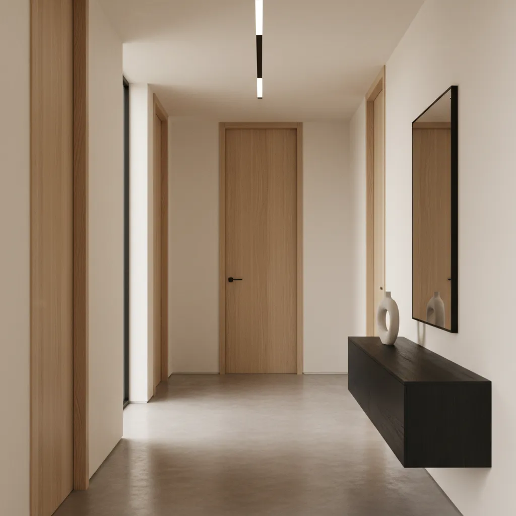 Minimalist hallway with light wooden doors, floating black cabinet, mirror, vase, and a ceiling light