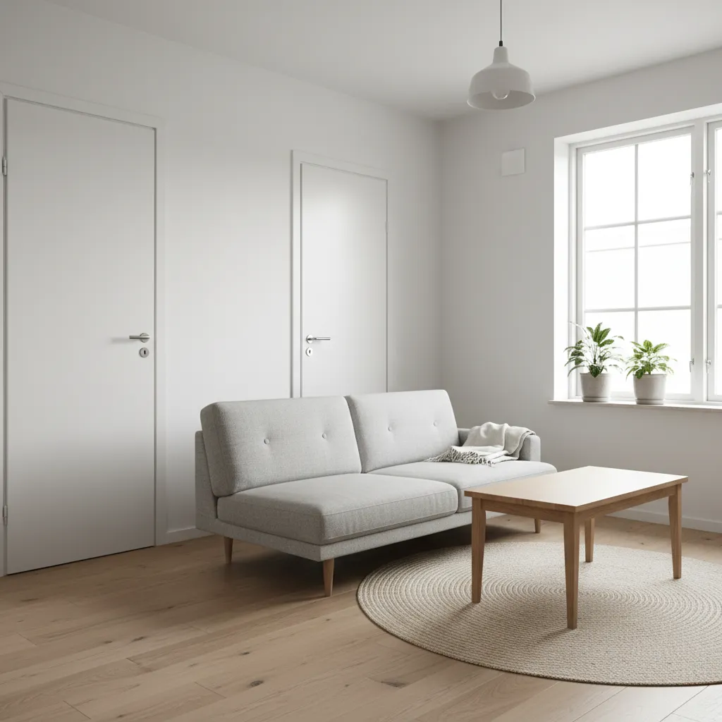 Minimalist living room with grey sofa two white doors wooden coffee table and bright window