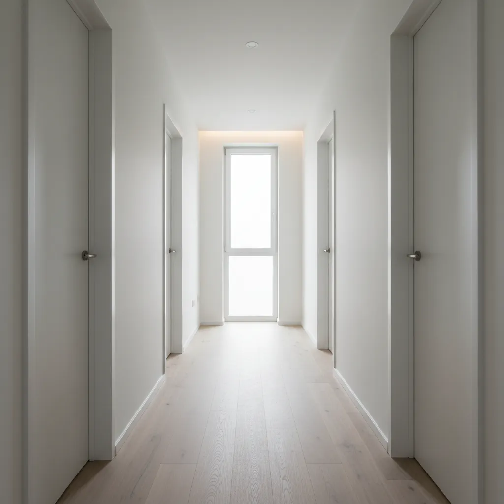 Bright white hallway with multiple doors leading to window and light natural wood flooring view