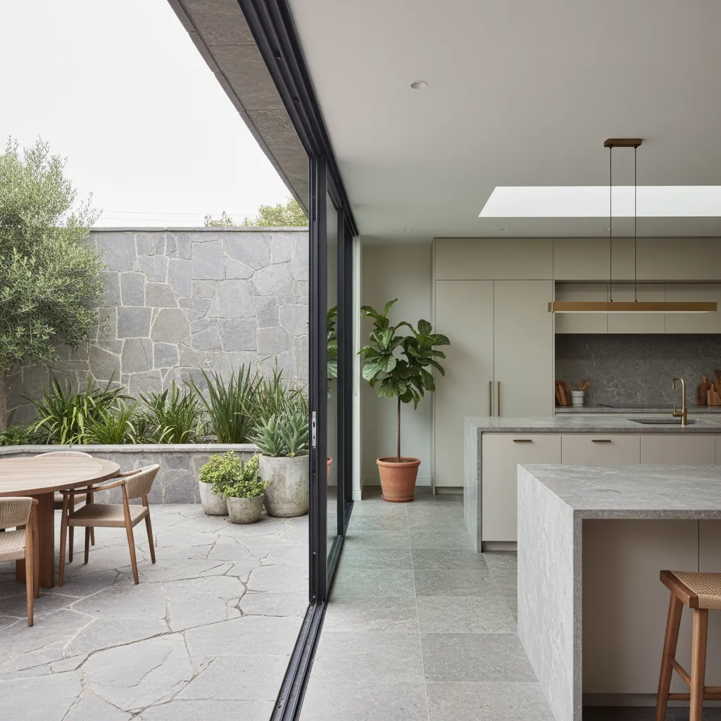 Puertas correderas de vidrio conectando una cocina moderna con un patio