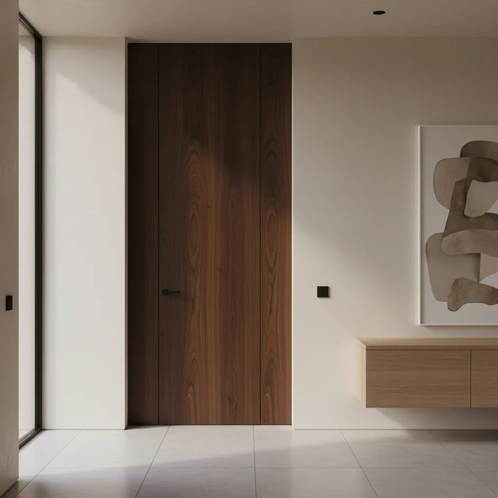 Minimalist hallway with a dark wood door light walls wooden floating cabinet and abstract art