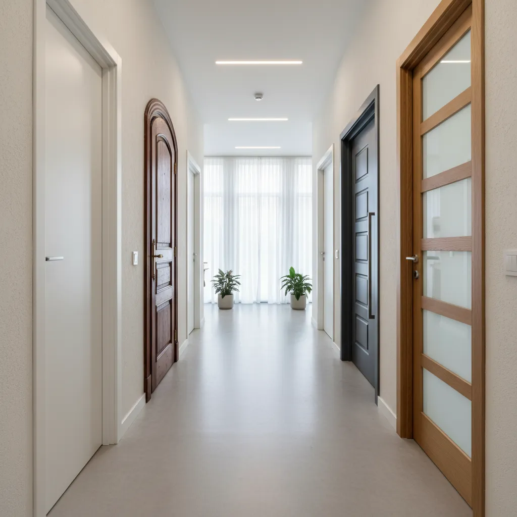Varias puertas interiores con estilos decorativos diferentes en una casa moderna