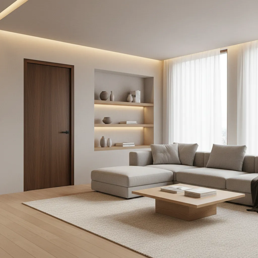 Puerta interior moderna oscura en un salón contemporáneo