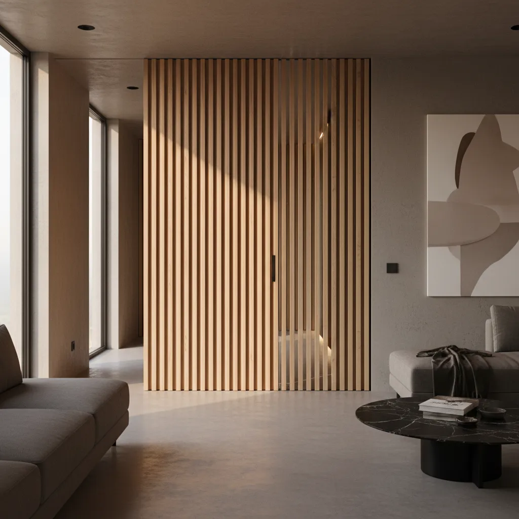 Modern living room with vertical wood slat door plus grey sofa and black coffee table