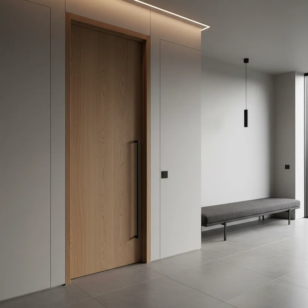 Light wood door with long black handle set in white wall with grey tiled floors