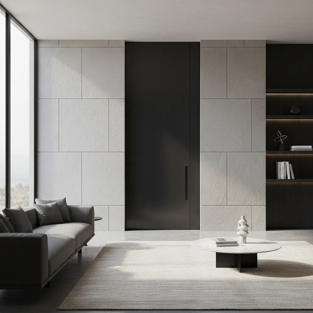 Modern living room with tall black door stone wall panels grey sofa and marble table
