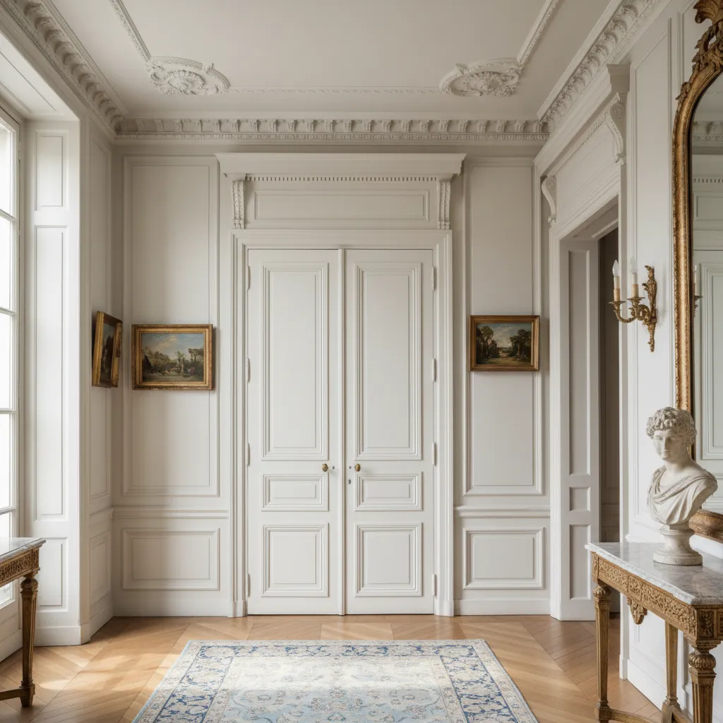 Puertas interiores con molduras clásicas en un pasillo elegante