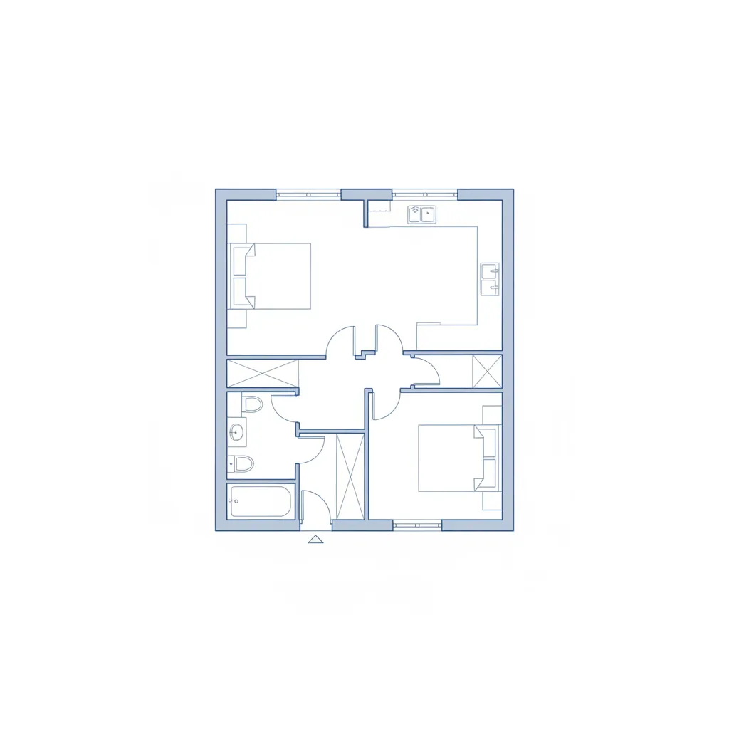 Símbolos simples de puertas y ventanas en un plano de casa