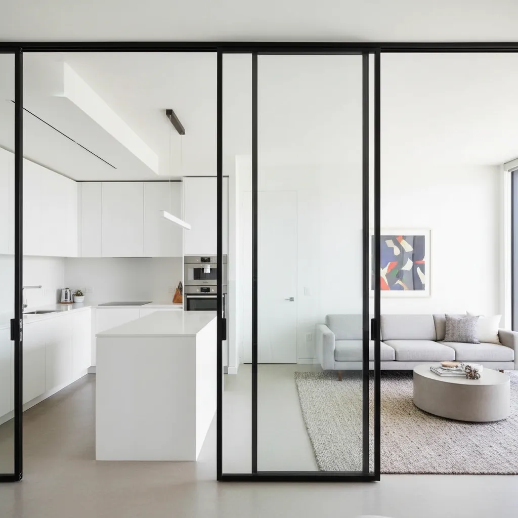 Puertas correderas de vidrio separando cocina del salón