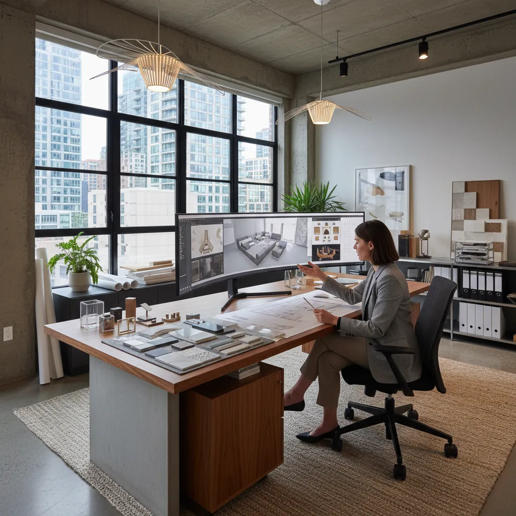 Female designer at desk with wide monitor showing 3D room designs and large city windows