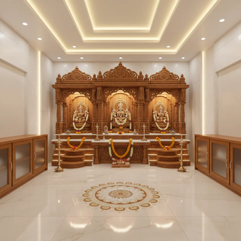 Puja room ceiling design ideas for calm and light